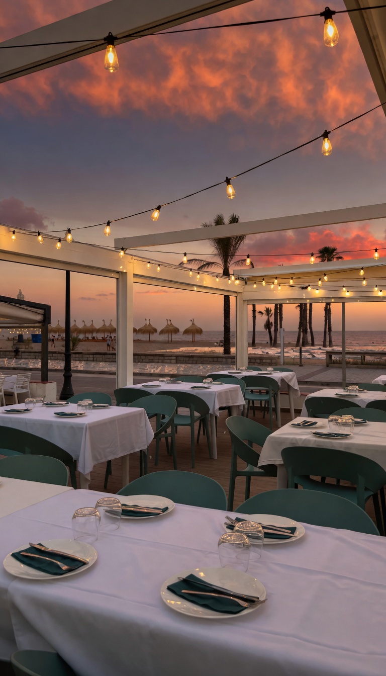Terrassa del restaurant Cara al Mar davant del Mediterrani al capvespre